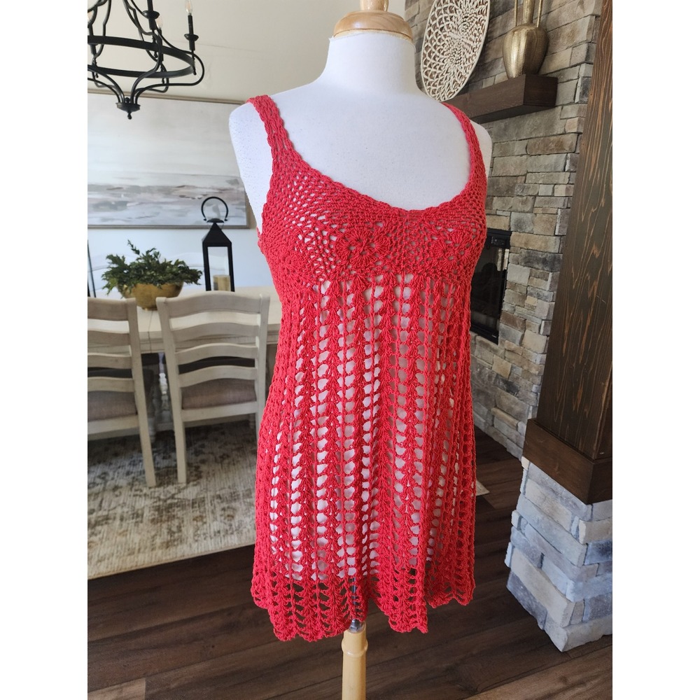 Island Planet Red Crochet Mini Dress Swim Cover Up 100% Cotton OS Boho Gameday